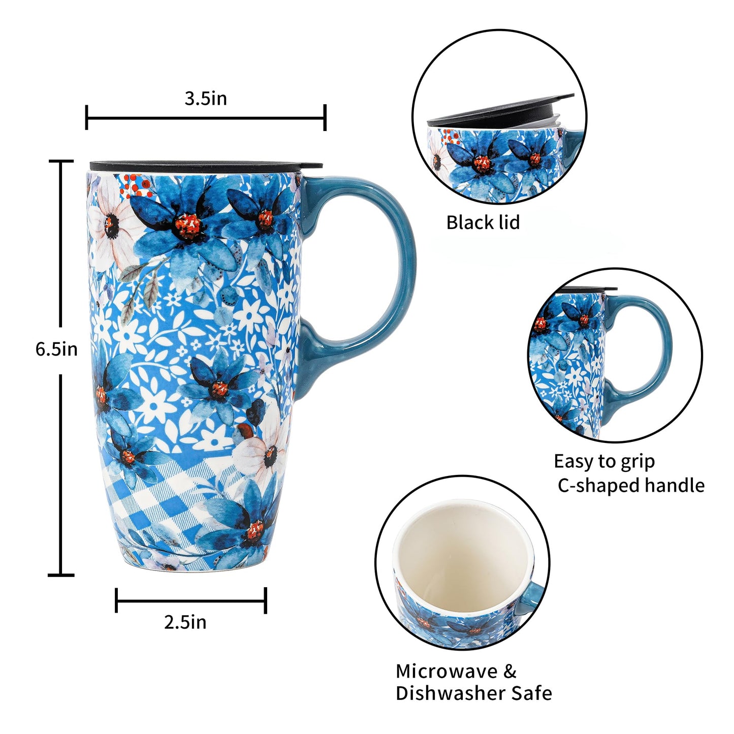 Topadorn Ceramic Coffee Mug Travel Cup Gift with Lid 17oz, Porcelain Tall Tea Cup with Handle for Home & Office, Blue Flower Art Pattern Mug in Gift Box, 6.5''H