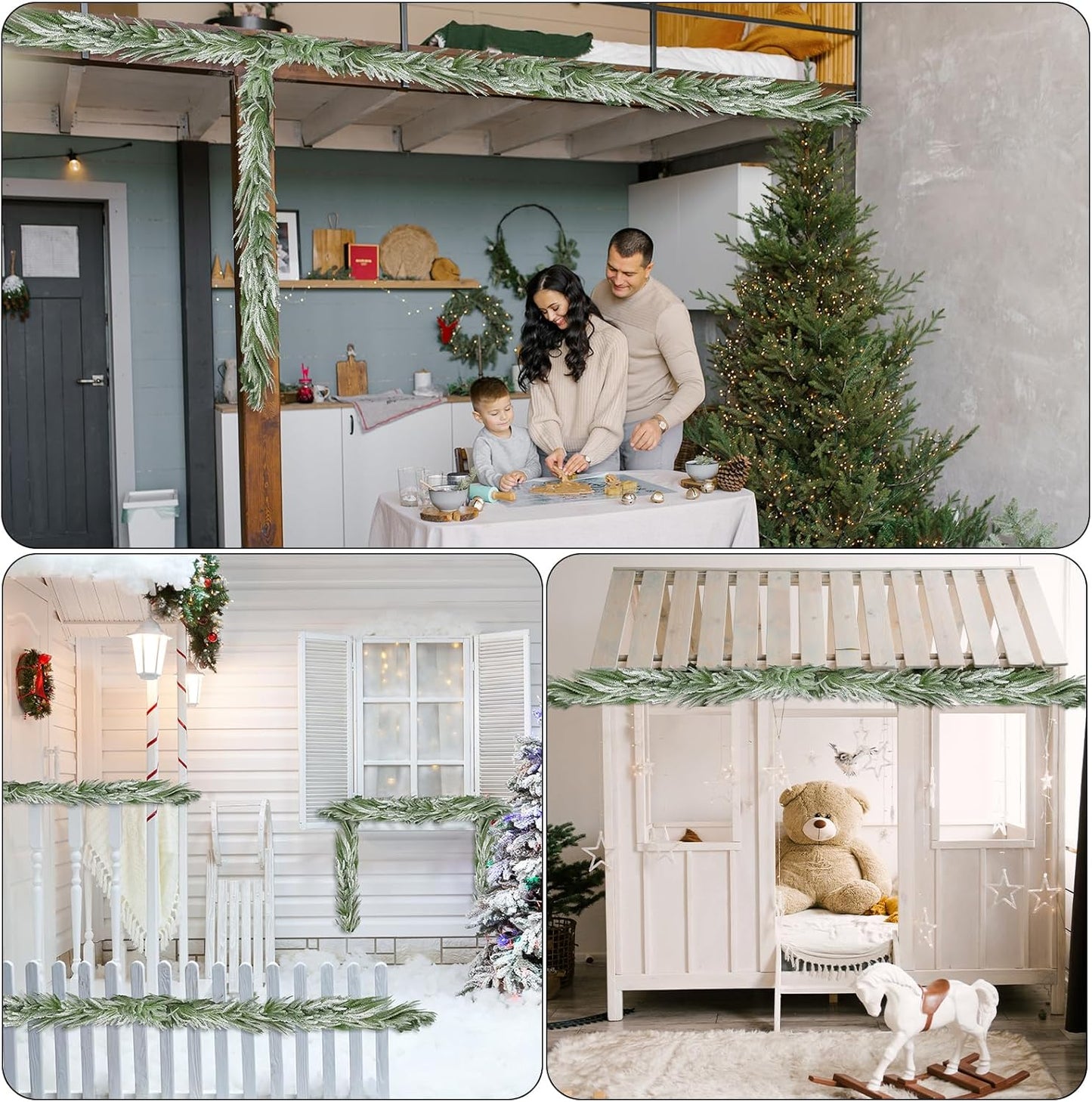 Snow Flocked Norfolk Pine Garlands, 108 Inch Real Touch Winter Pine Garland, Green Artificial Greenery Garland for Table, Mantle, Wall, Indoor, Outdoor Christmas Decorations