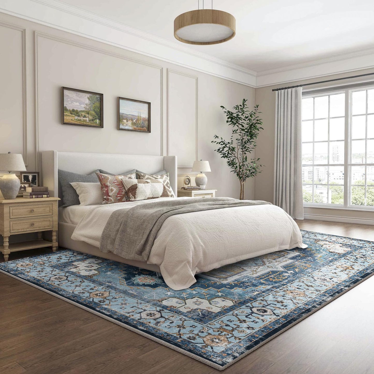 Washable 6x9 Area Rugs, Rugs for Living Room, Low-Pile Water&Stain Resistant Carpet Vintage Distressed Printed Non-Slip Carpet for Bedroom Bathroom Kitchen-Sky Blue