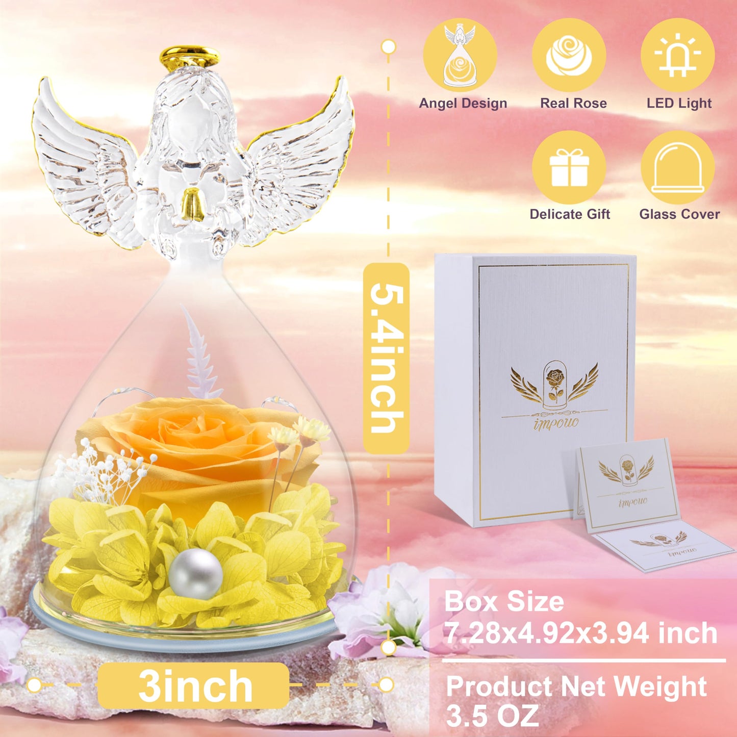 Impouo Angel Gifts for Women, Preserved Rose Flower in Glass Angel Figurines with LED Light, Mother's Day and Christmas Thanksgiving, Valentine's Day, Birthday Gifts for Grandma, Mom, Wife
