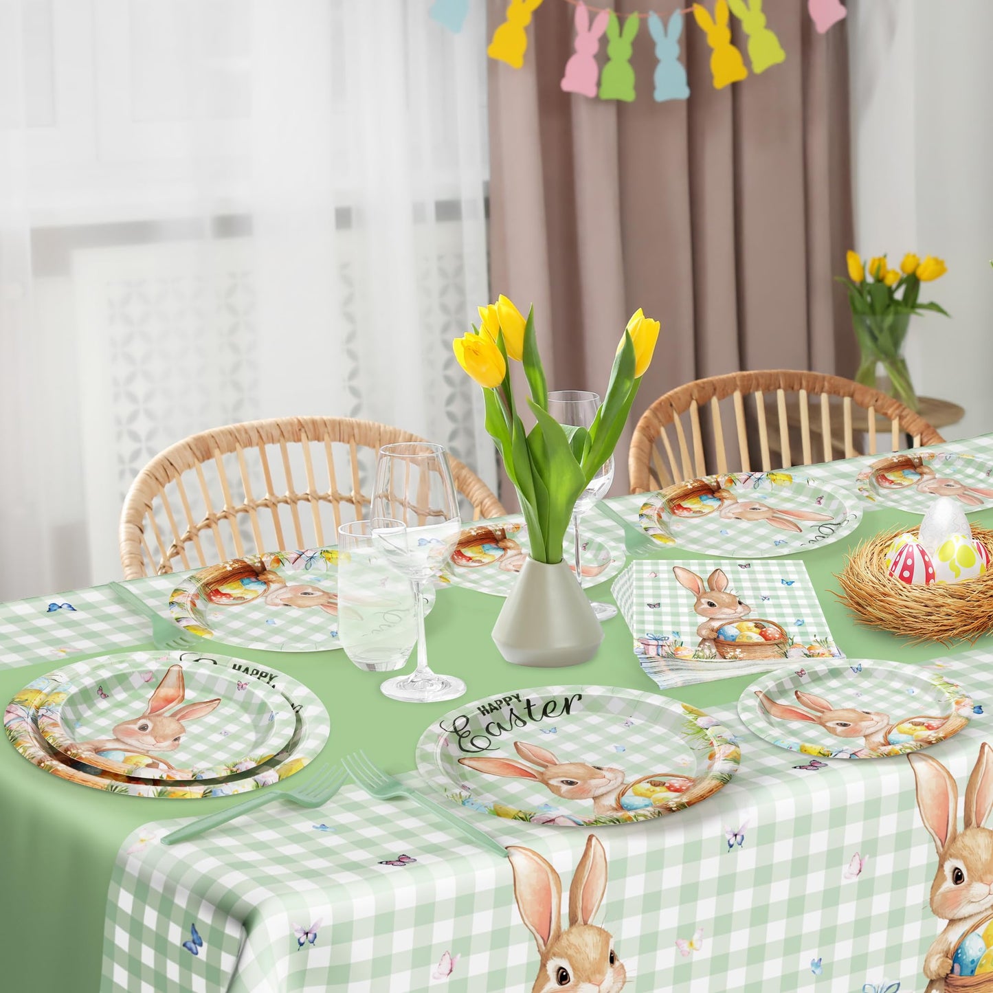 122 Pcs Easter Plates and Napkins Set, Disposable Bunny Eggs Dinnerware Easter Decorations, Sage Green Paper Plates, Napkins, Fork and Tablecloth for Spring Celebrations Party Favors, Serve 30 Guests