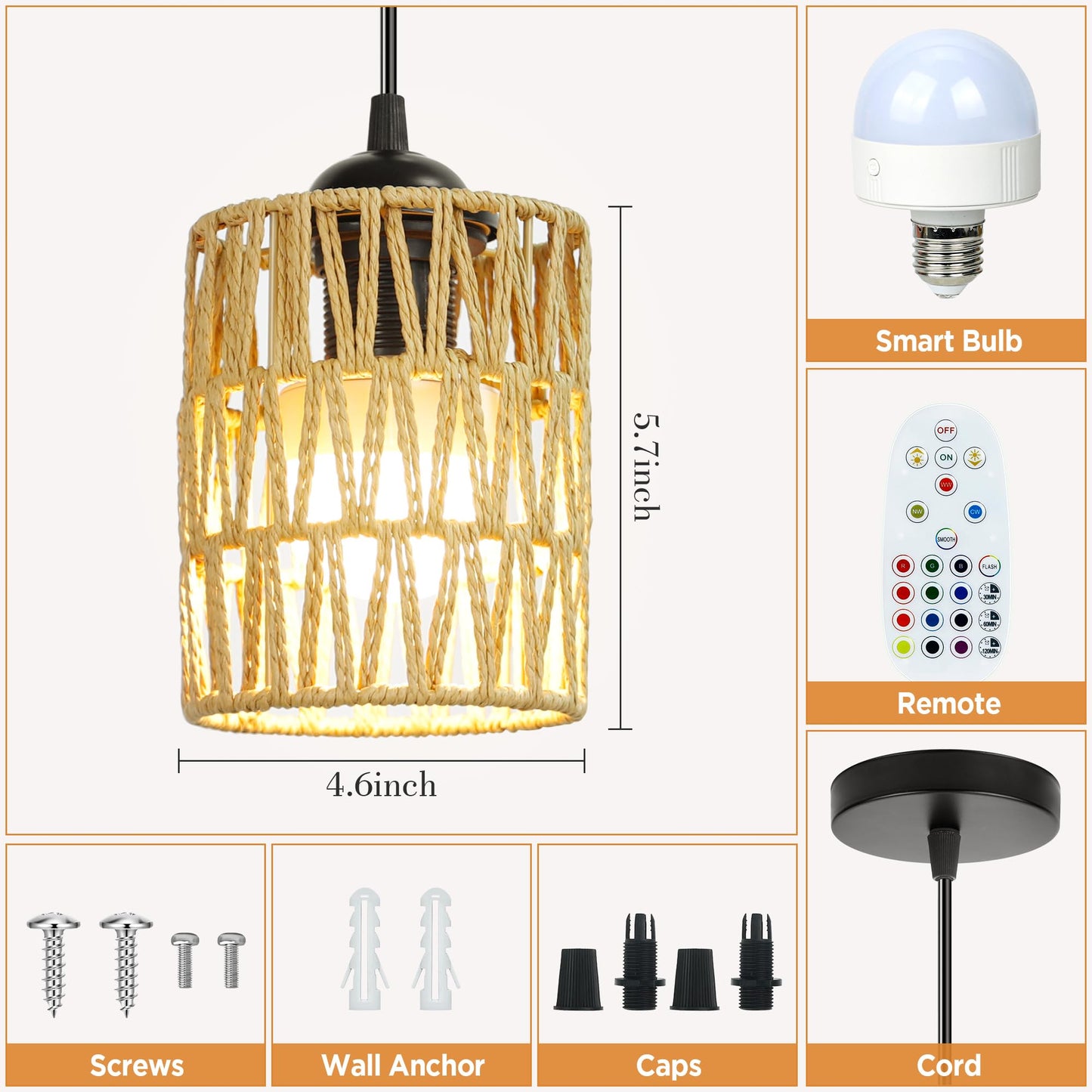 rerekiki Rechargeable Boho Pendant Lights for Kitchen Island, Wireless No Plug in RGBCW Rattan Hanging Lamp with Remote for Bedroom, Boho Style Over Table Dimmable Lighting Fixture for Dining Room