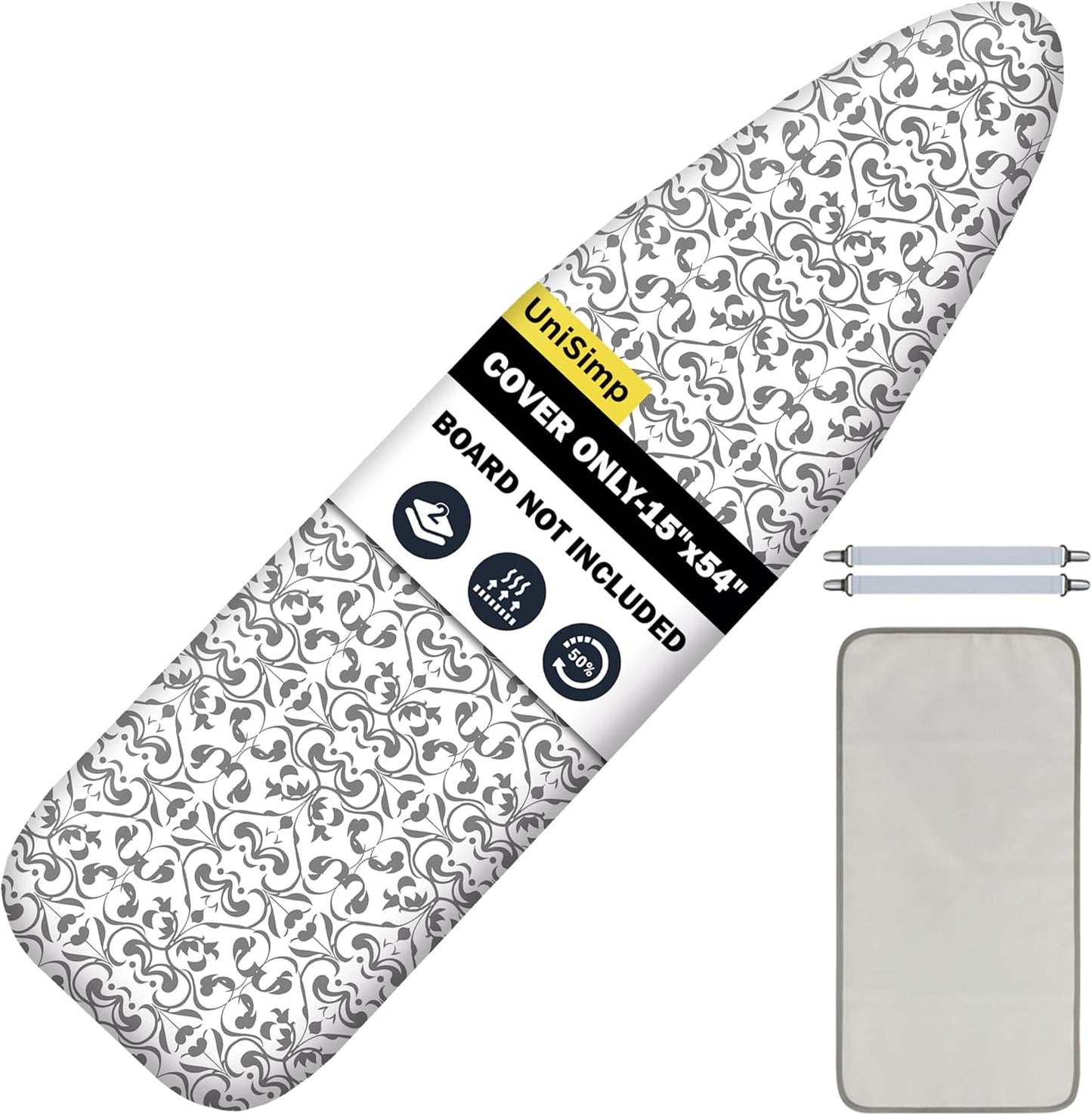 UniSimp Ironing Board Cover - Extra Thick Natural Cotton, Scorch Resistant, 15"x54" Size, Heatproof Ash