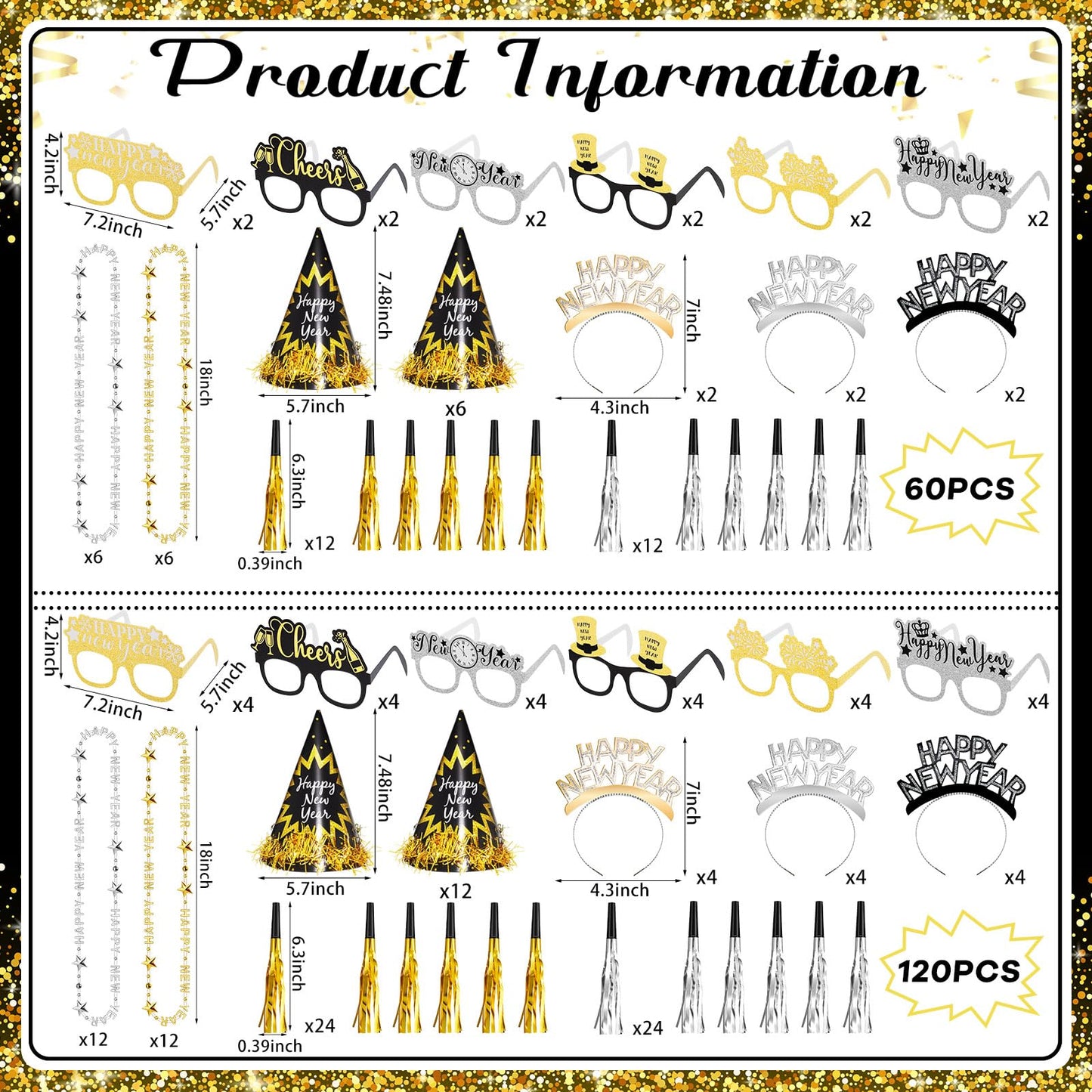 60 Pcs 2025 New Years Eve Party Supplies Decorations Kit Happy Headband Bulk Glasses Cone Hats Necklace Blowout for New Years Favor