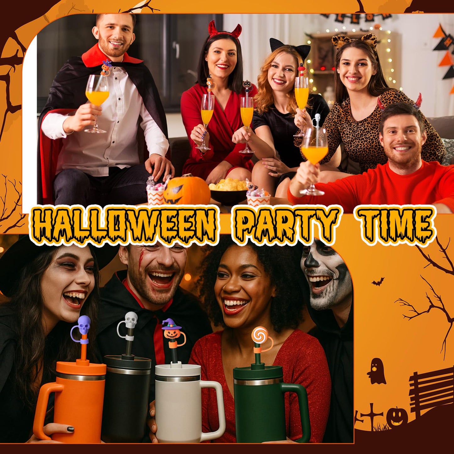 Honeydak 36 Pcs 3D Halloween Straw Toppers for Cup Silicone Straw Cover Cap for 30&40 oz Tumbler, 10 mm Silicone Toppers with Handle, Reusable Dustproof Tips Lids for Halloween Gifts Party Supplies