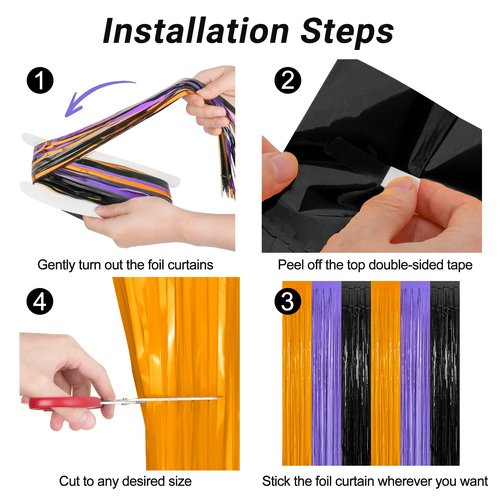 4 Pack Halloween Decorations, 3.28 FT x 7.05 FT Orange Purple Black Party Streamer, Funny Photo Backdrop Foil Curtains Fringe Tinsel, Halloween Door Decor Party Supplies Indoor