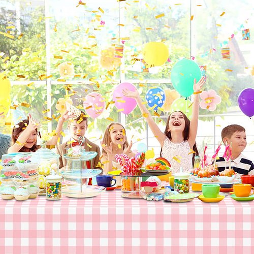 12 Pcs Pink Gingham Tablecloth 54 × 108 Inches Pink and White Checkered Table Cloth Disposable Plastic Waterproof Tablecover for Outdoor Picnic, Birthday Party, Holiday Dinner