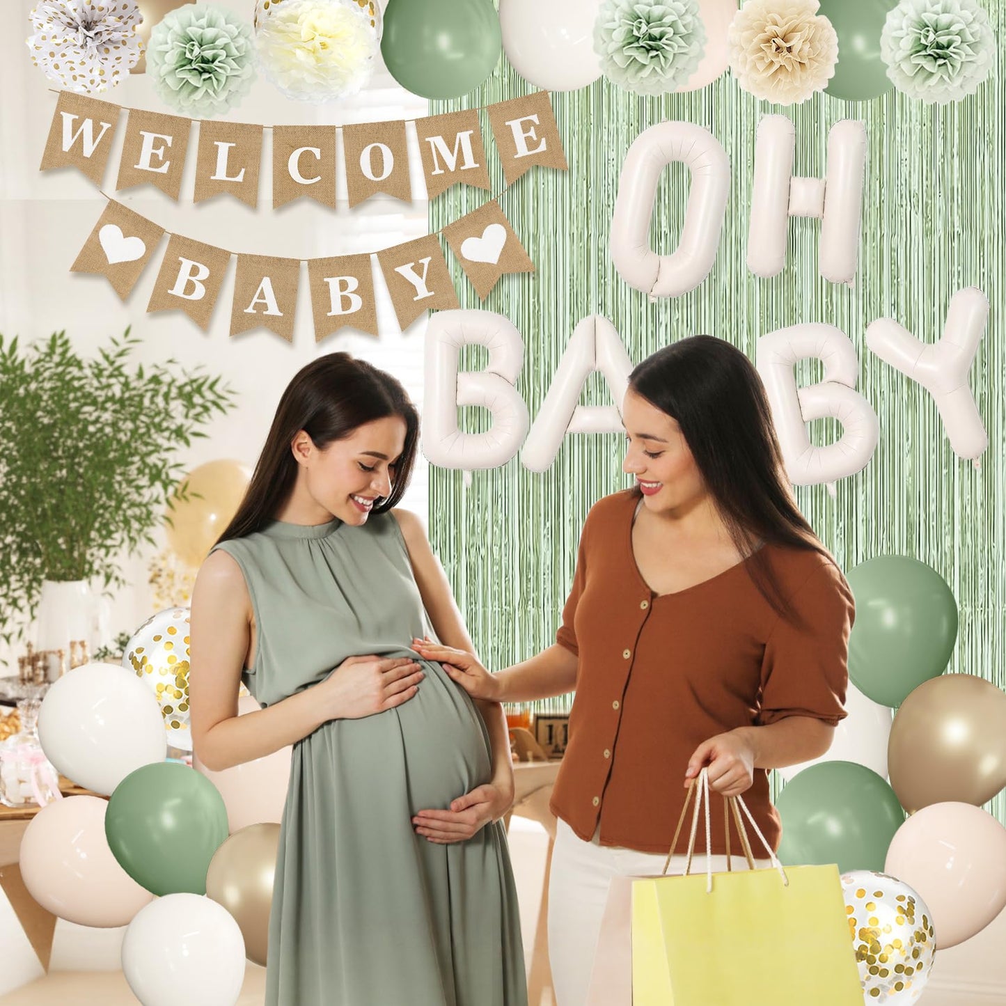 Ouddy Party Sage Green Baby Shower Decorations for Baby, Green Balloons with WELCOME BABY Banner Fringe Curtains Foil Balloons Paper Flower for Boho Baby Shower Birthday Gender Reveal Party Supplies