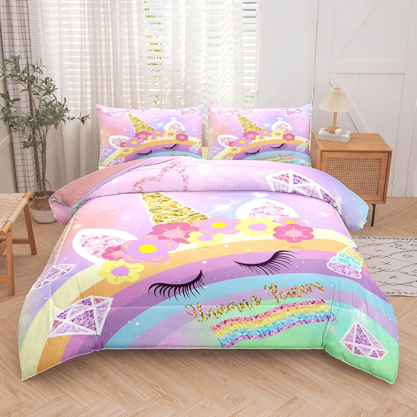 Peopleareok Unicorn Full Comforter Set for Girls Kids, Cute Pink Purple Unicorn Print Bedding Set Full, 5-Piece Bed in a Bag, Kids Cartoon Kawaii Comforter with Sheet Set
