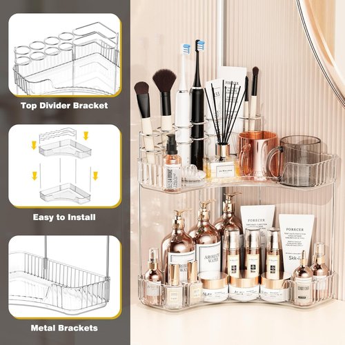 Asayuee 2-Tier Corner Bathroom Organizer - Large Clear Makeup & Skincare Holder with Toothbrush Slots