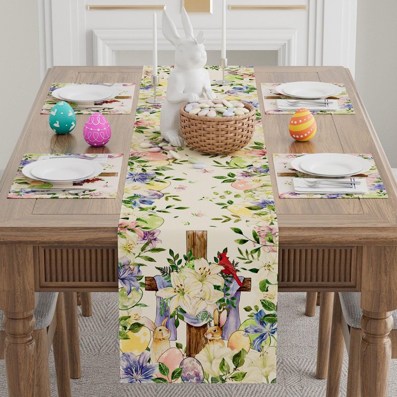 XCHI Bunny Flowers Cross Eggs Rabbit Easter Table Runner Table Decoration for Party Home Kitchen Dining Holiday Decor 13x72 Inch