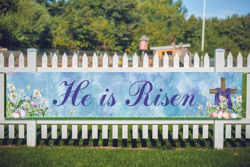 He is Risen Fence Banner Easter Christian Cross Lily Eggs Religious Party Photo Booth Backdrop Yard Outdoor Decoration