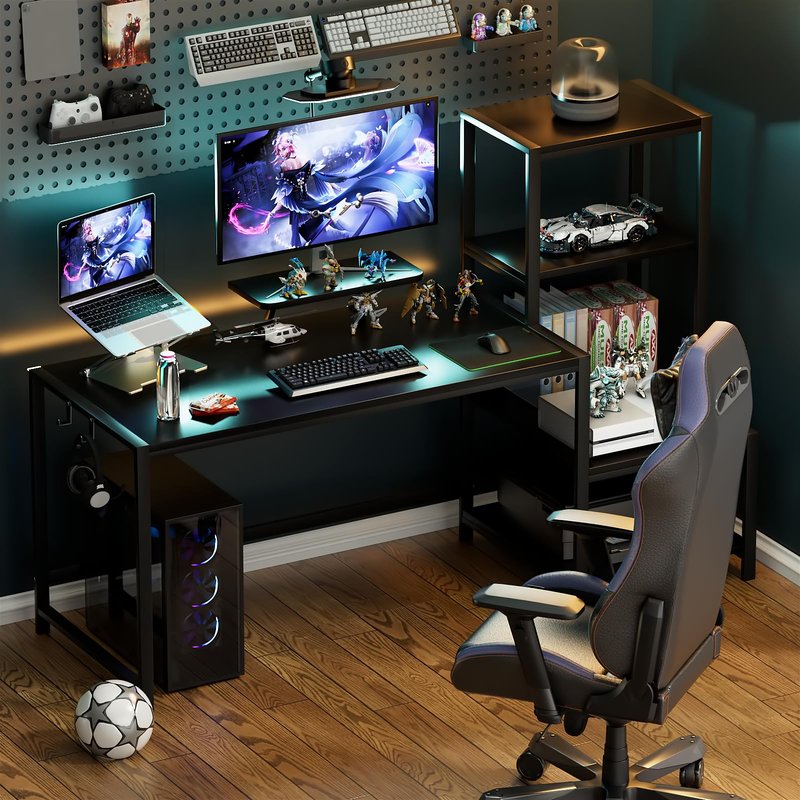 GreenForest Computer Desk 67 inch with Printer Shelf, Reversible Office Desk with Monitor Stand and 2 Hooks, Home Desk Workstation for Study Writing Working Gaming, Black