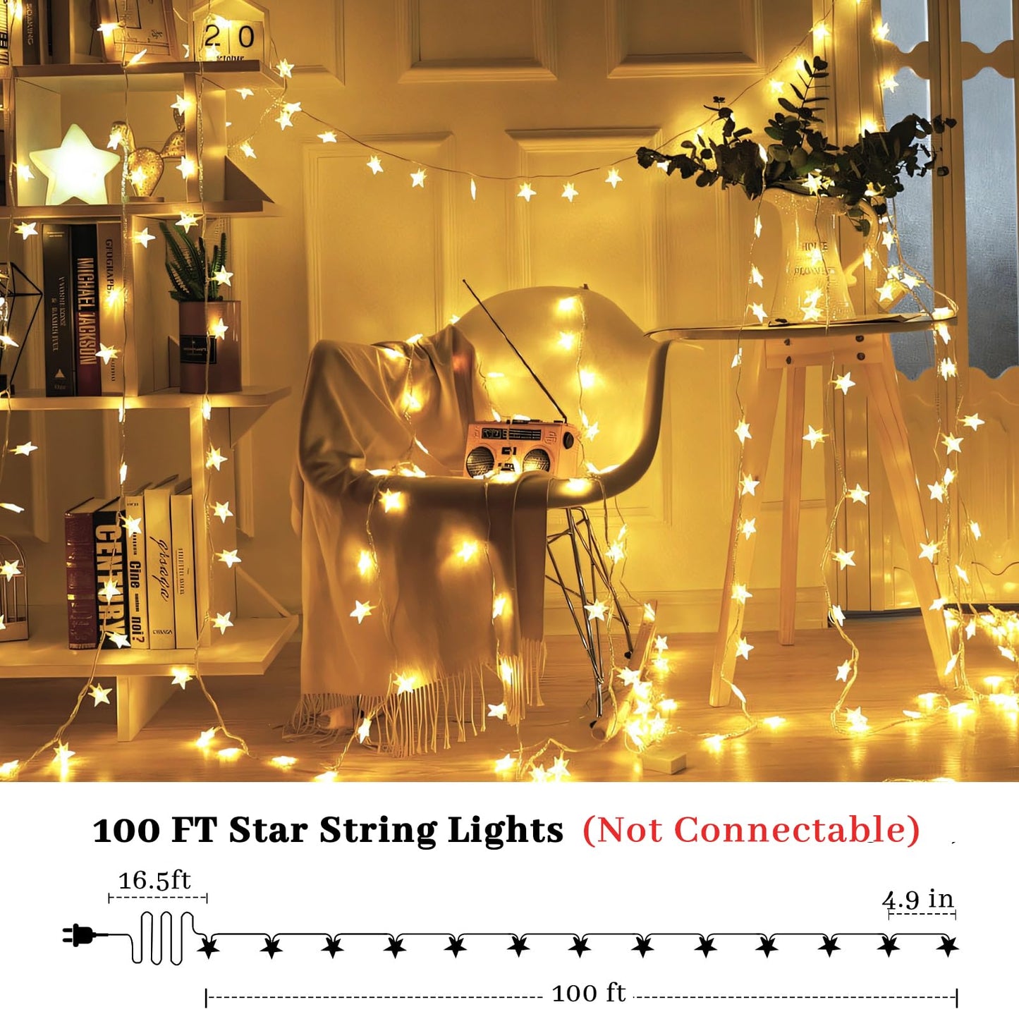 Elavika 100ft Star String Lights Bedroom, 240 LED Fairy Lights Indoor with Remote, Waterproof Hanging Twinkle Classroom Lights Plug in Bunk Bed Lights for Kids Room Canopy Outdoor, Warm White
