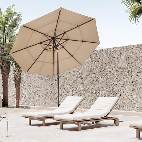 JEAREY 9FT Patio Umbrella - 3 Tier Outdoor Market Umbrella with UV Protection & Push Button Tilt - Beige