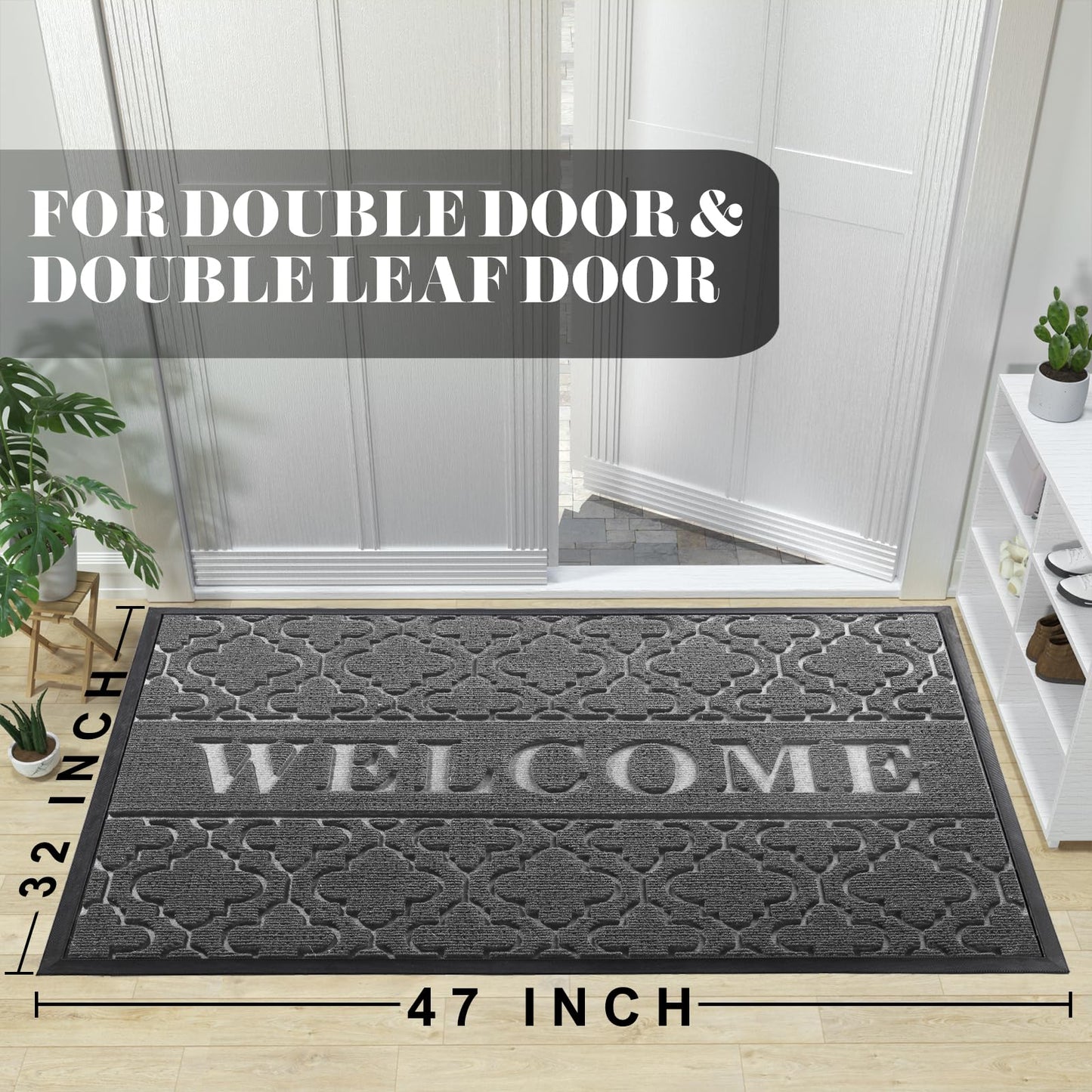 Yimobra Welcome Mat Outdoor Indoor, 47x32 All-Season Waterproof, All-Weather Heavy Duty Doormat, Low Profile Porch Patio Entrance Mat, Sturdy Natural Rubber, Dark Grey