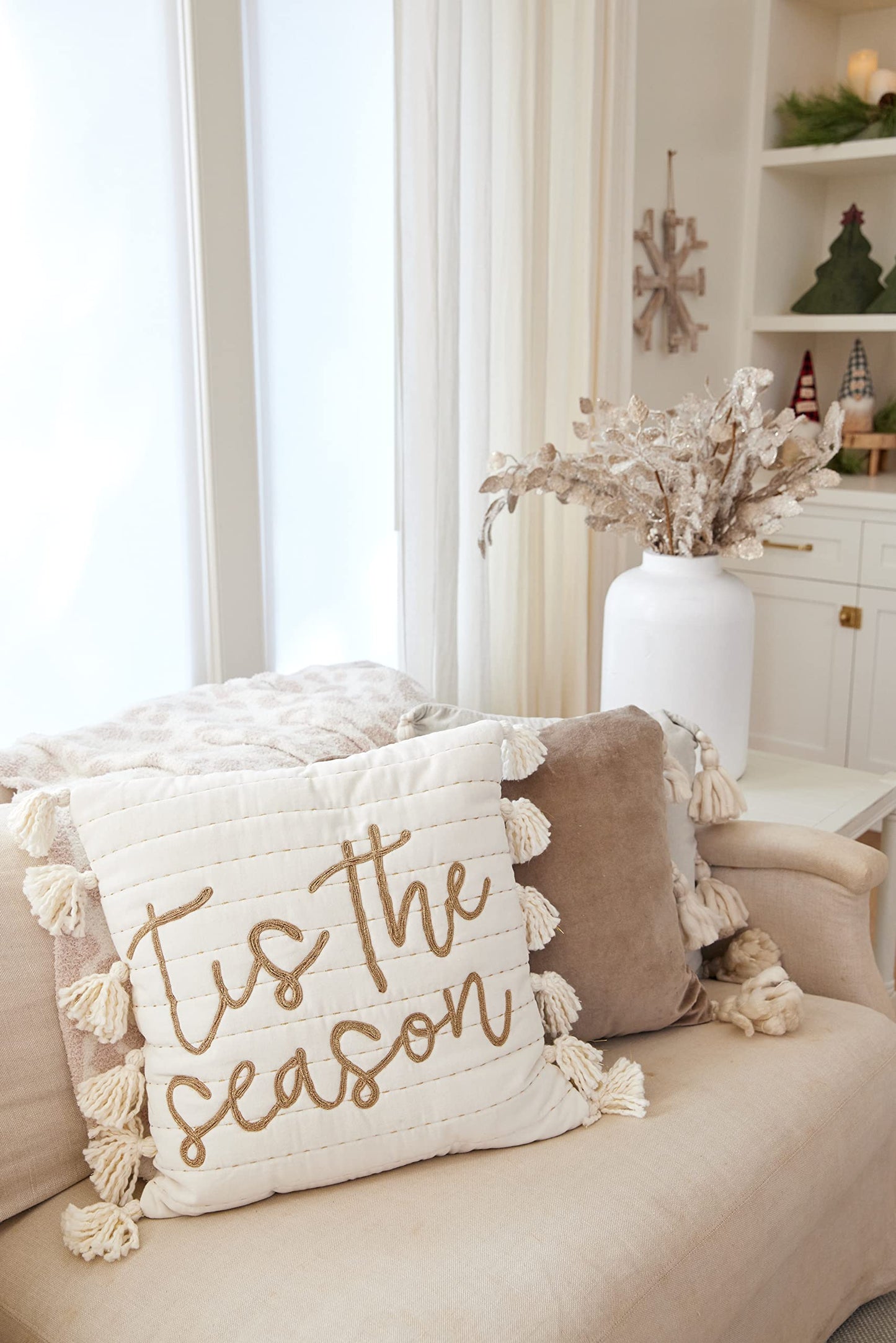 Mud Pie White and Gold Christmas Pillow, Tis' The Season