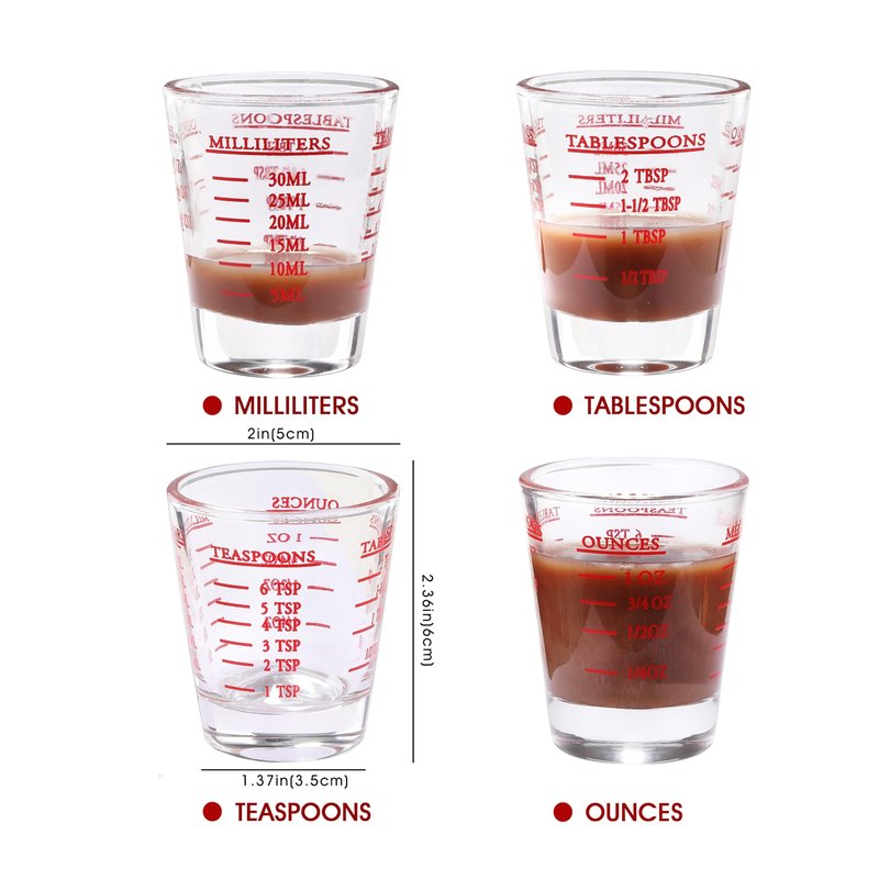 Shot Glass Measuring Cup, 2PCS Measuring Shot Glasses, Thick Base Liquid Measuring Cup for Espresso Shot Glass and Measuring Glasses, Four Different Units of Measure(1 OZ, 2 TBS, 6 TSP, 30 ML)