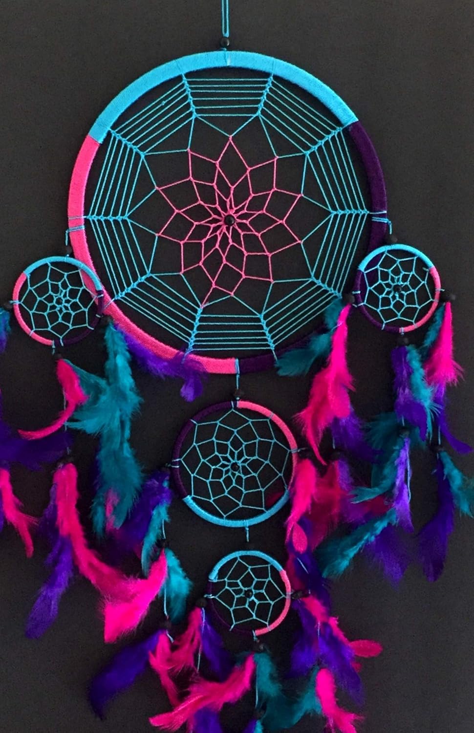 Handmade Rainbow Chakra Dream Catcher - 7" Diameter with Tie Dye Feathers & Beads