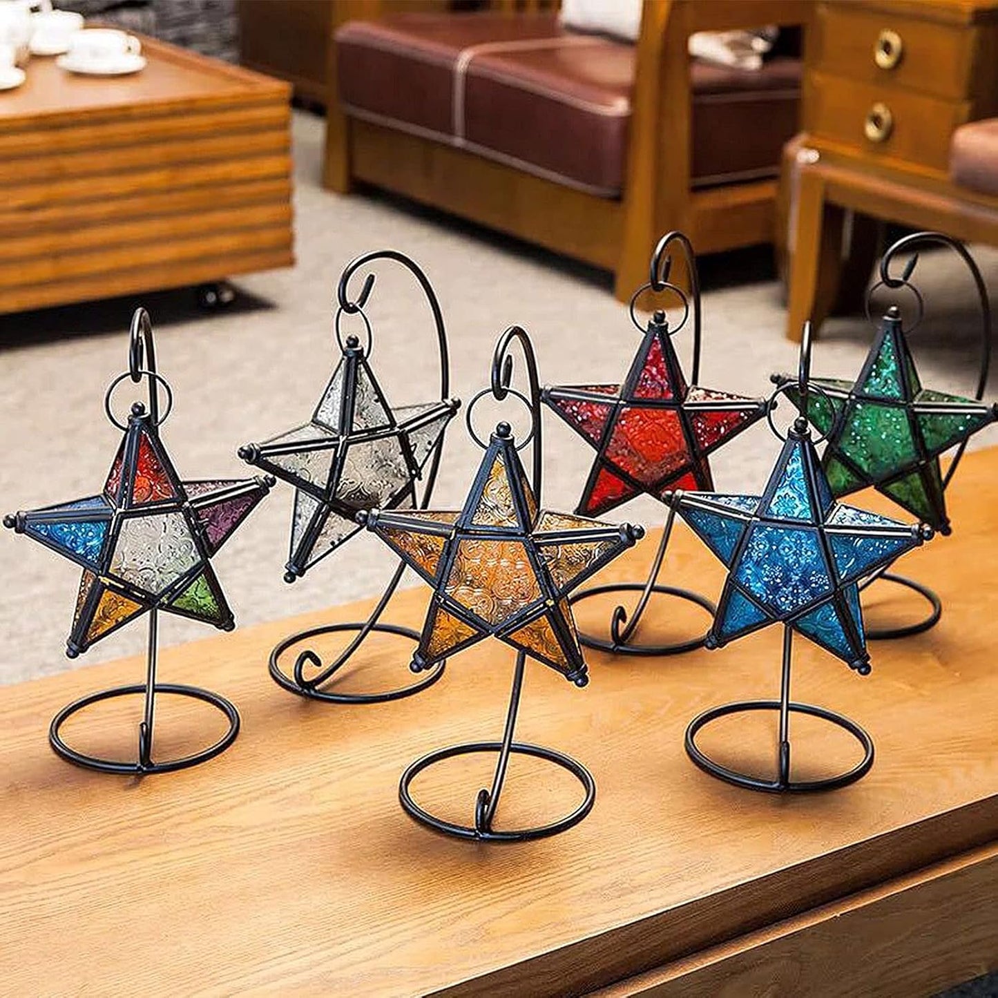 Purple Star Lantern Candle Holder - Decorative Hanging Glass Lantern for Home & Garden