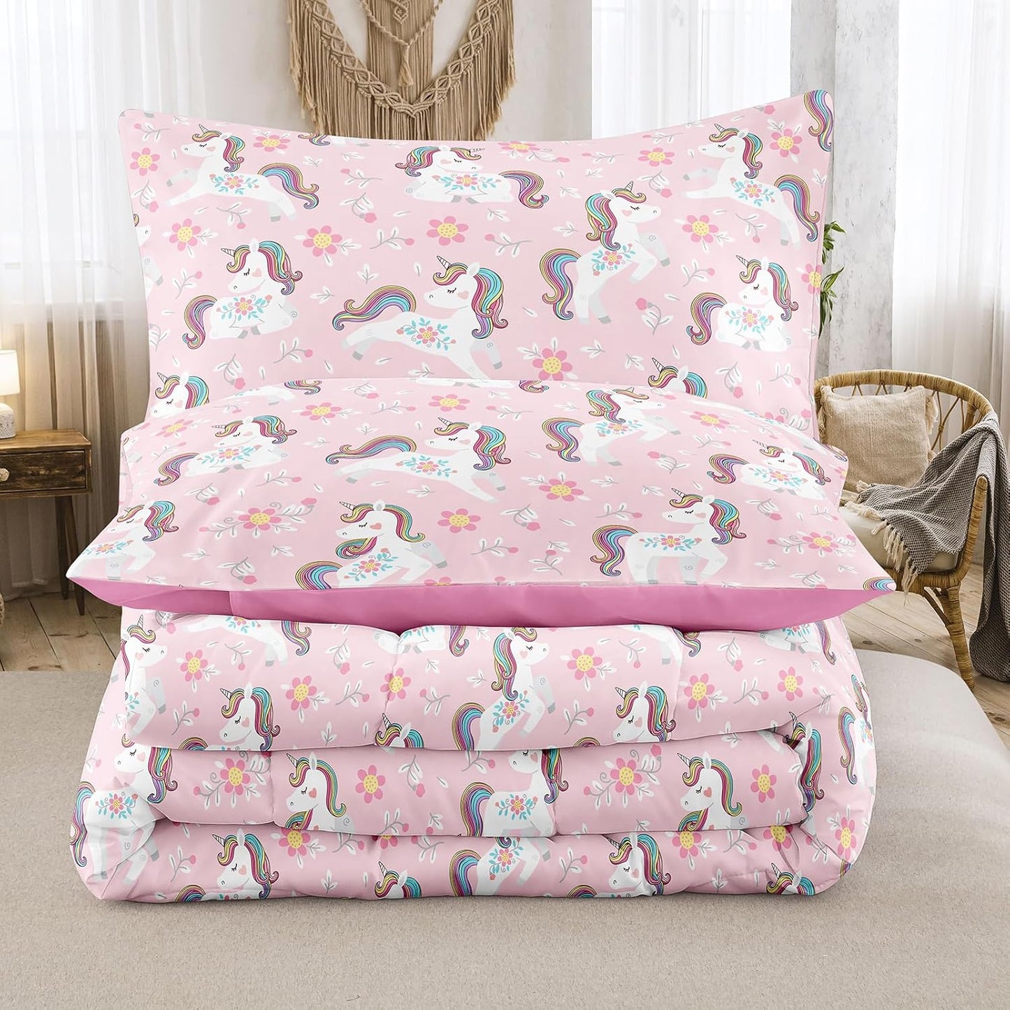 Peopleareok Unicorn Full Comforter Set for Girls Kids, Cute Pink Purple Unicorn Print Bedding Set Full, 5-Piece Bed in a Bag, Kids Cartoon Kawaii Comforter with Sheet Set