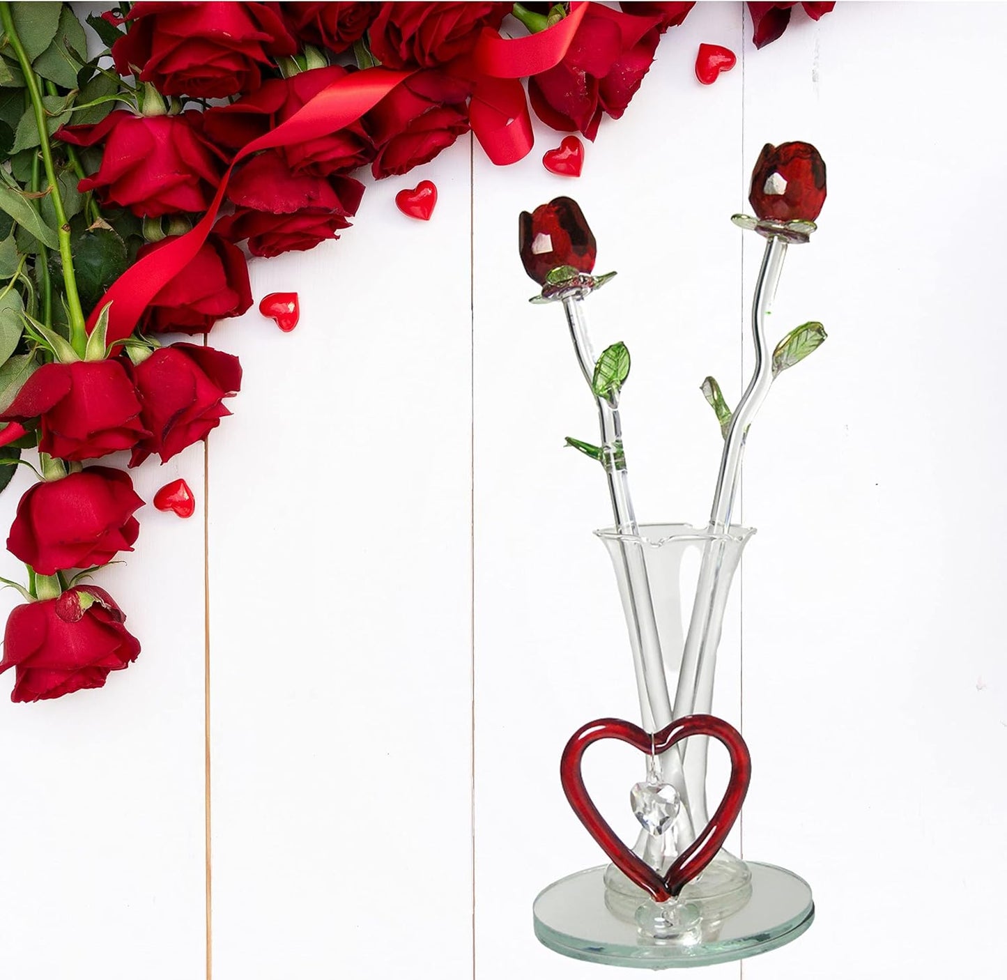 Crystal Red Roses Heart Vase Set - Forever Rose Collection for Valentine's, Mother's Day & Birthdays - 8" H