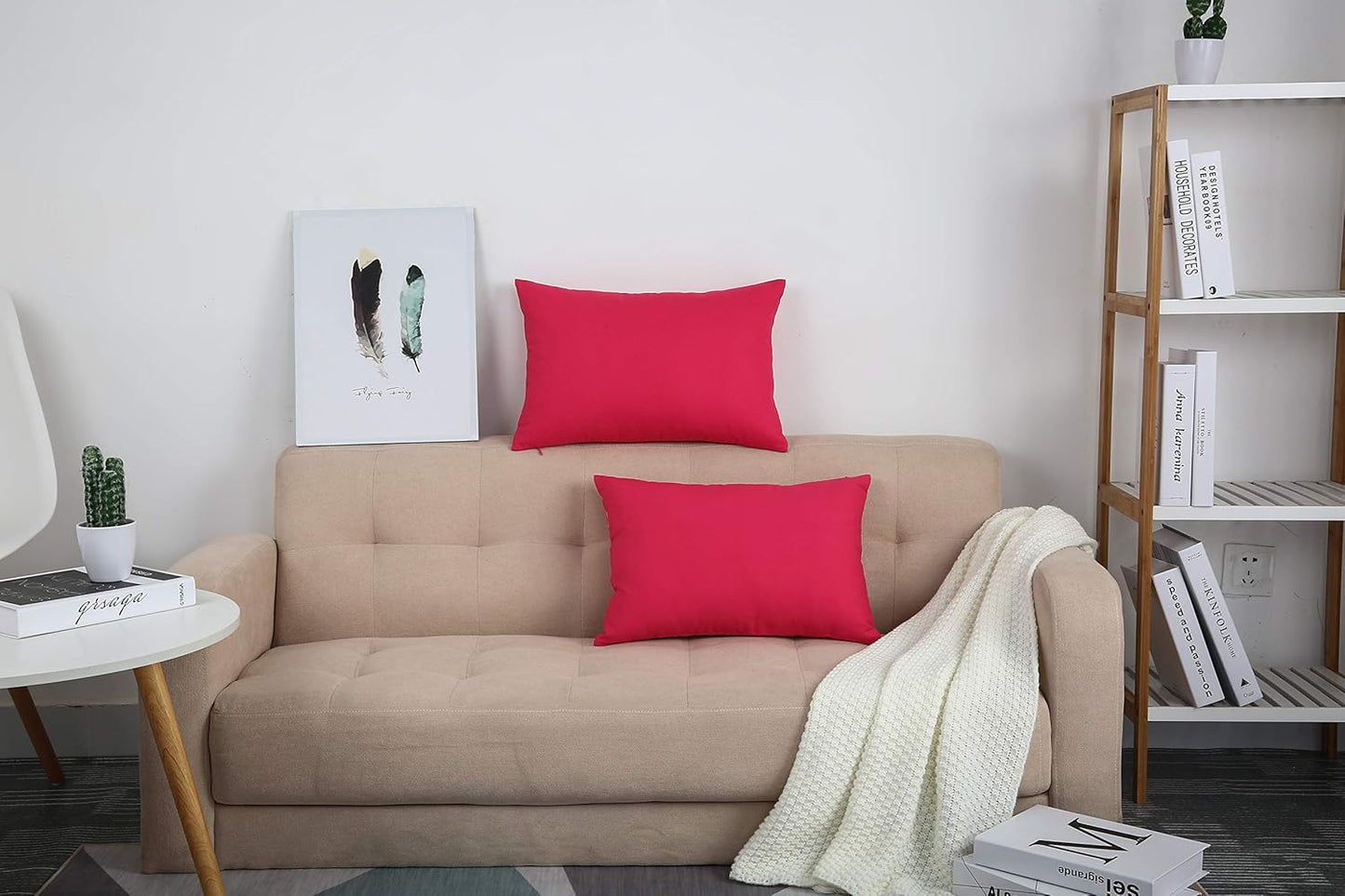 Watermelon Red 100% Cotton Canvas Throw Pillow Covers - Handmade Decorative 12"x20" Shams