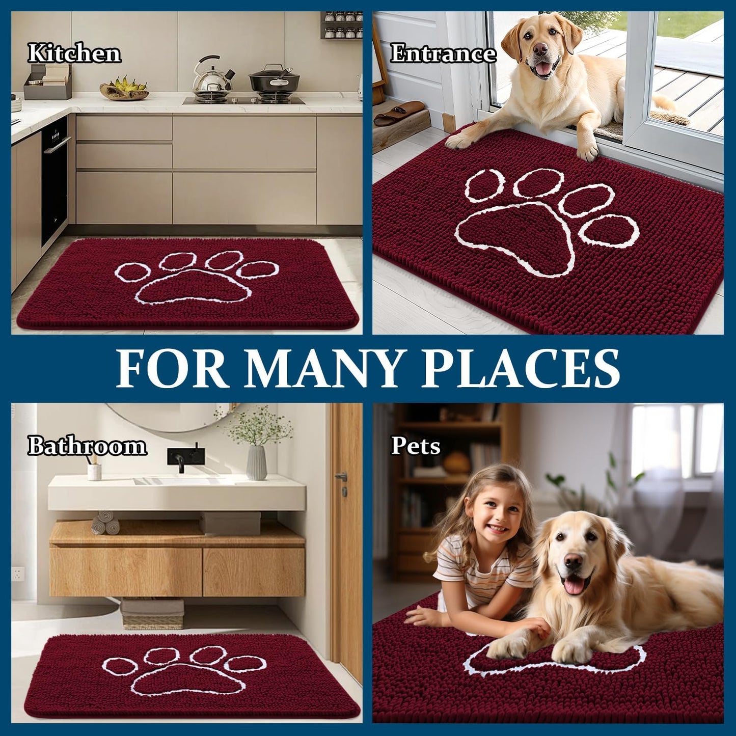 OLANLY Dog Door Mat - Absorbent Non-Slip Mud Mat for Paws | 40x32 Paw Print Design in Burgundy