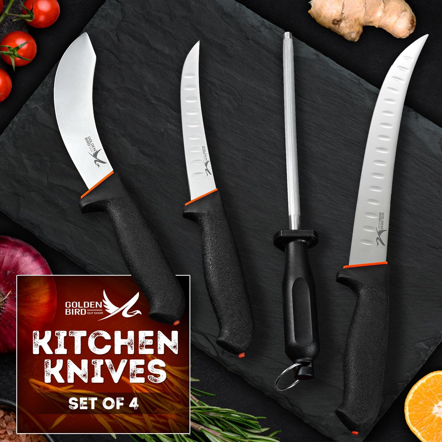 Golden Bird Butcher Knife Set - 4 Piece Professional BBQ Knife Set Include 6" Boning, 6" Skinning, 10" Butcher Breaking Knives & 8" Sharpener Rod
