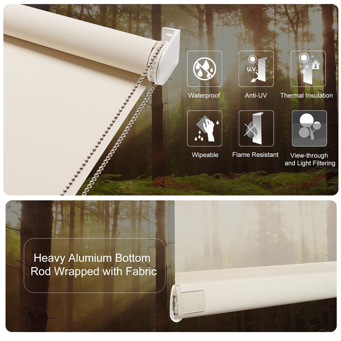 Persilux Solar Window Shades Light Filtering Roller Shades (35" W x 72" H, Beige) Flame Retardant, UV Protection Semi Sheer Blinds for Windows, Office, Easy to Install