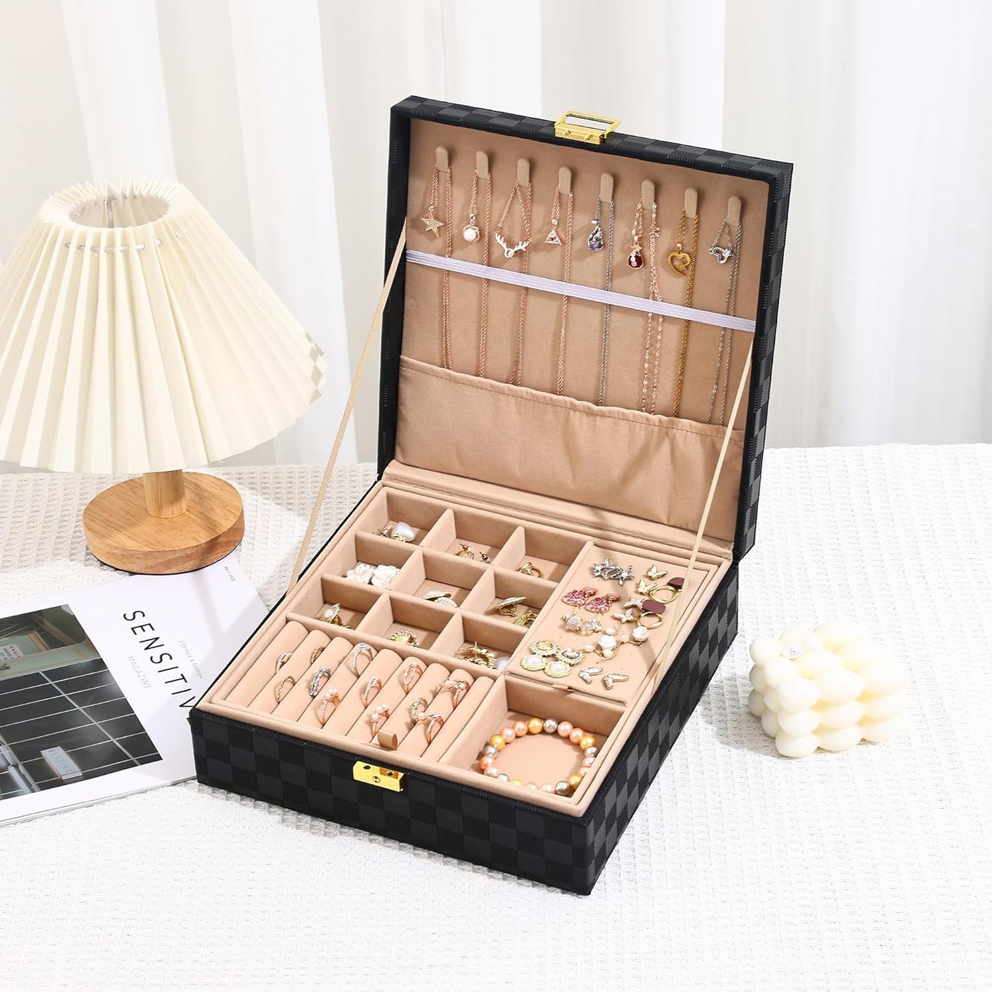 Jewelry Organizer Box, Jewelry Box Organizers for Women Girls, 2 Layers Large Leather Jewels Storage Case for Earring, Rings, Necklaces, Bracelets, Big and Small Jewellery, Watch, Ideal Gift (Brwon)
