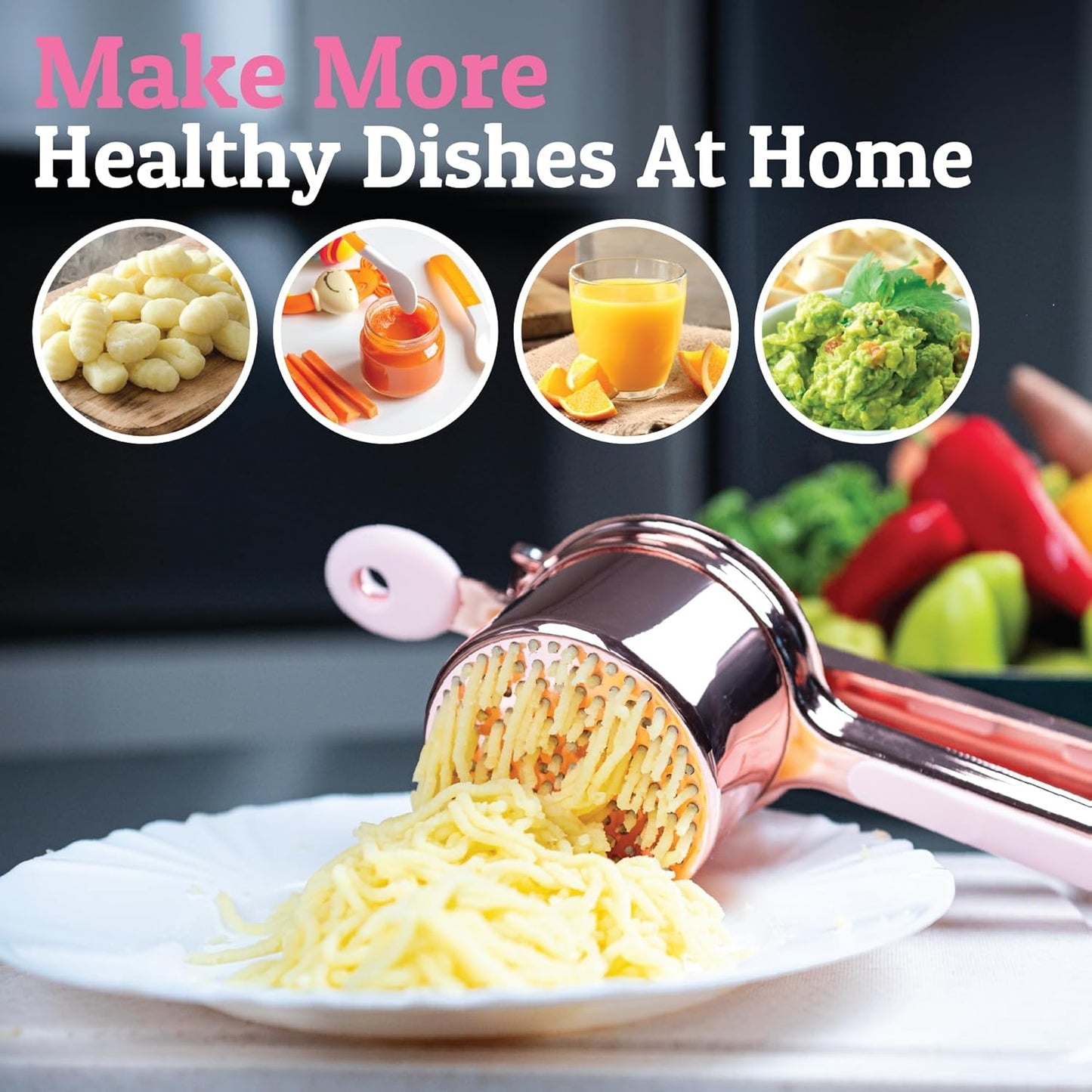 PriorityChef 15oz Potato Ricer - Heavy Duty Stainless Steel Masher for Perfect Mashed Potatoes | Rose Gold & Pink