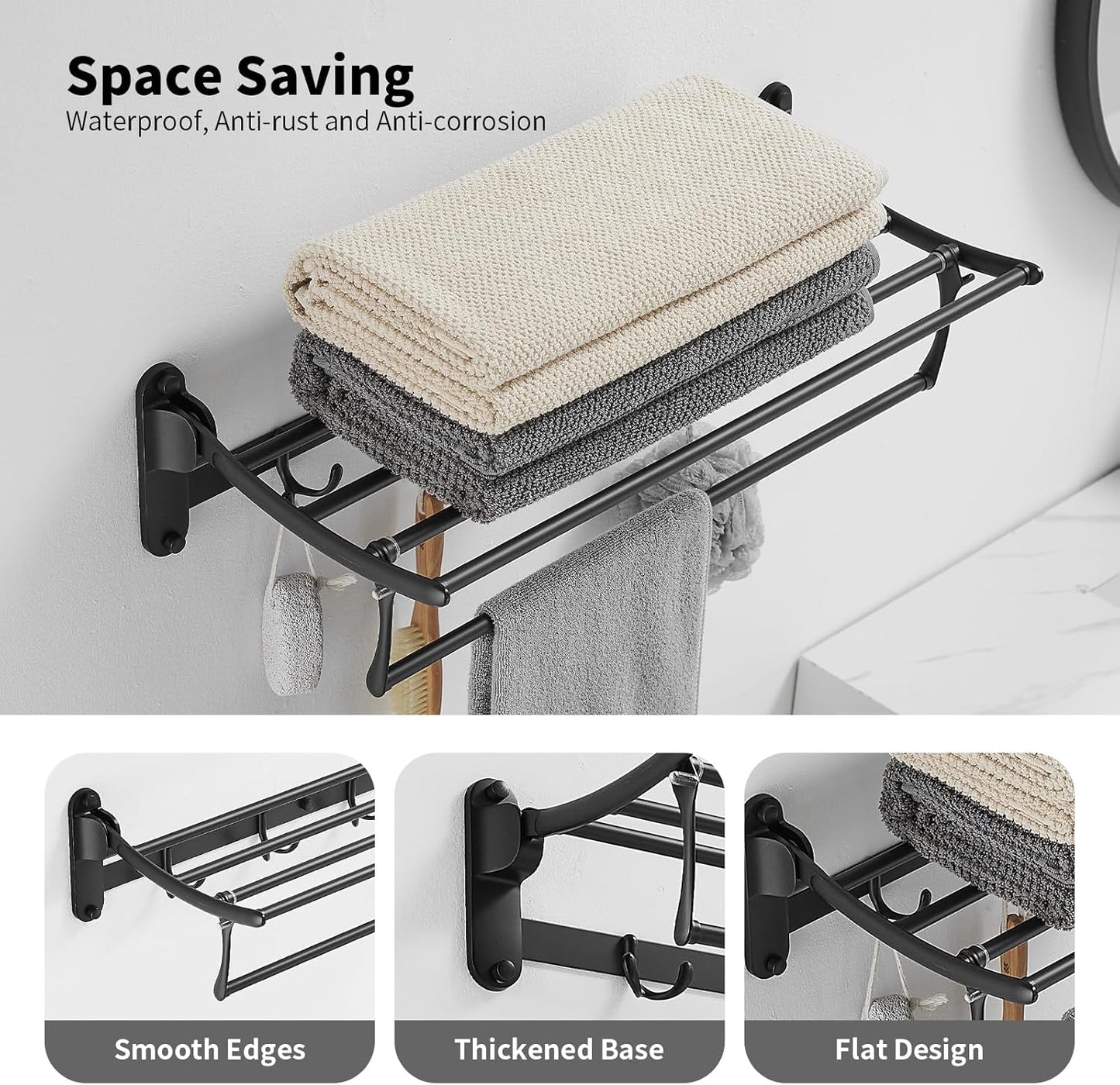 BESy 24 Inch Brushed Nickel Towel Racks, Bathroom Towel Shelf with Foldable Towel Bar Holder and Towel Hooks, Wall Mounted Multifunctional Bathroom Accessories, Double Towel Bars