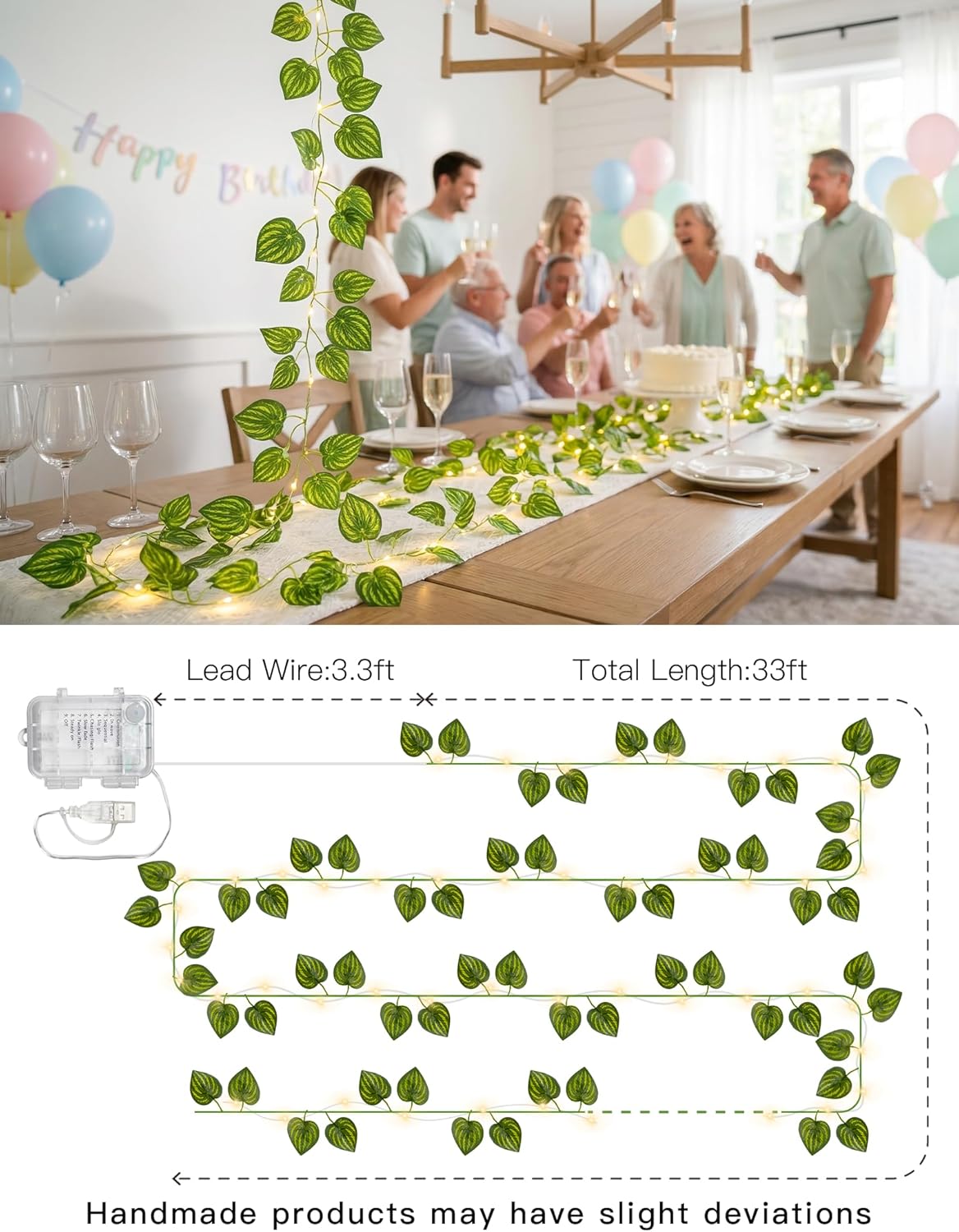 Suddus Vines with Fairy Lights - 33ft 100 LED Watermelon Leaves String Lights | Battery & USB Powered, Remote Control for Indoor Decor