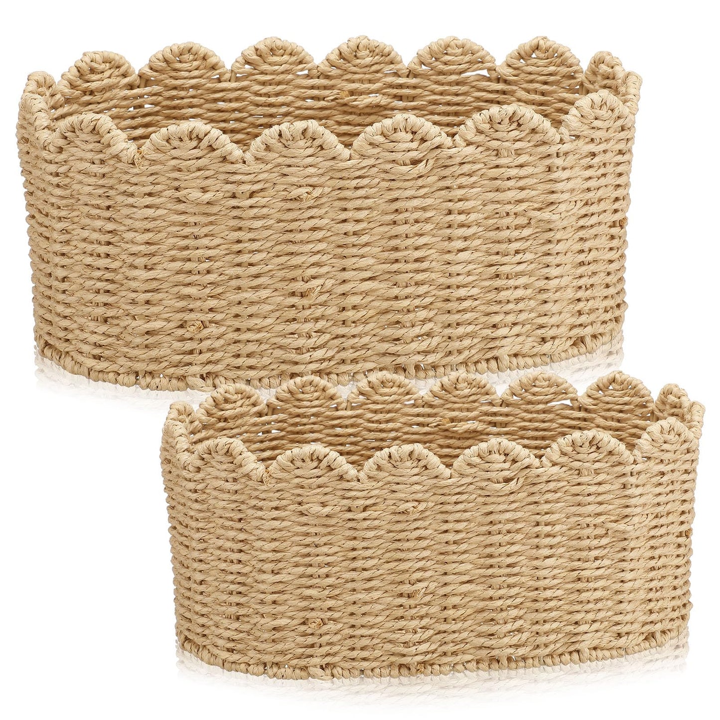 Kritkin 2 Pcs Scalloped Basket Set Hand-woven Baskets with Scalloped Design, 16 x 10 x 7 Inch & 14 x 8 x 6 Inch for Living Room Bedroom Laundry Nursey Storage