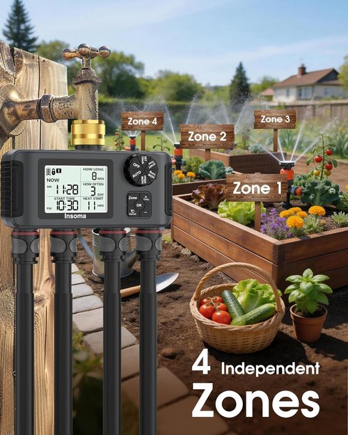 Insoma 4 Zones Sprinkler Timer - Brass Inlet Water Timer for Garden Hose | Auto/Manual/Rain Delay Modes