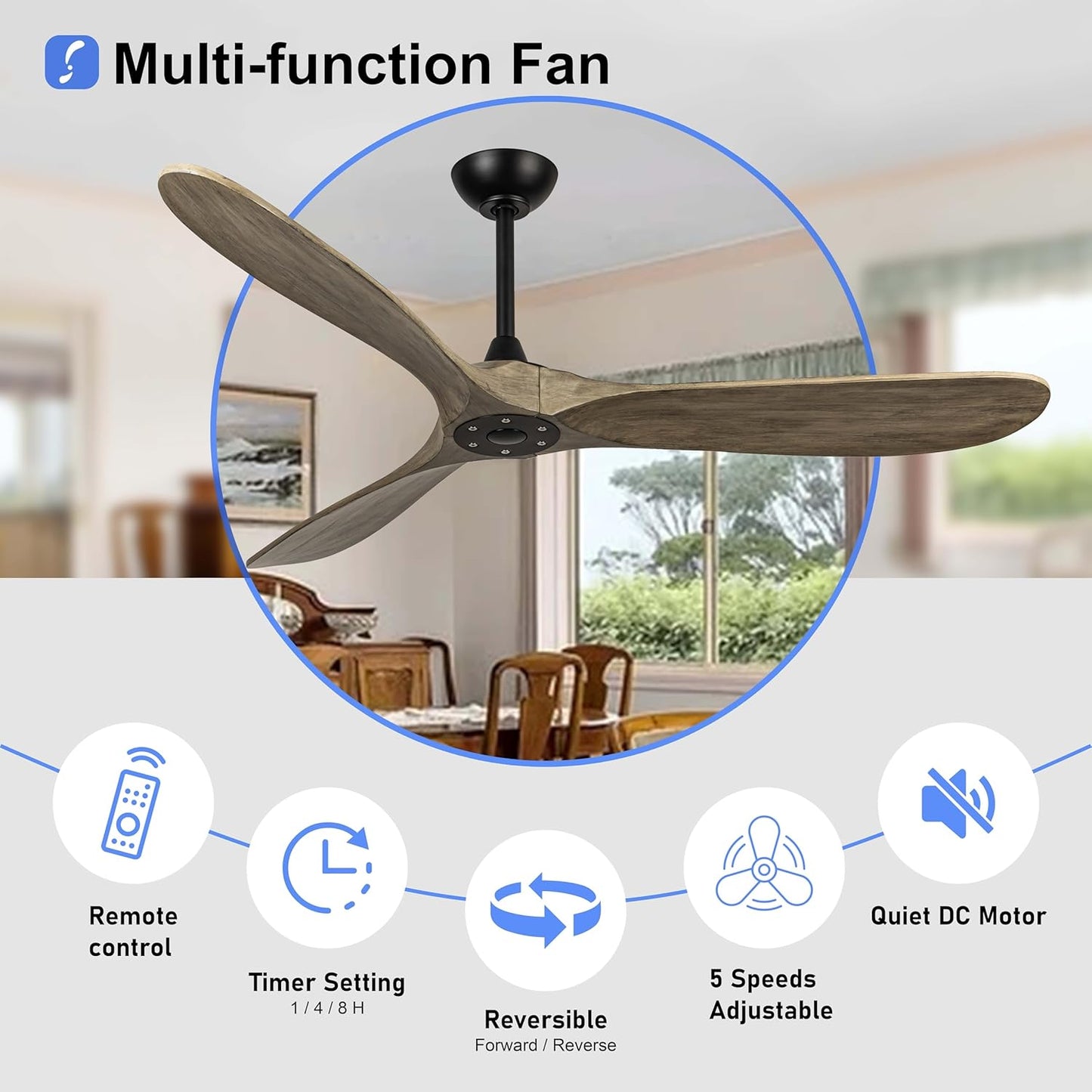 60 inch Ceiling Fans Without Lights, Wet Rated Outdoor Ceiling Fans with 3 Wood Blades, for Patios Outside Porch, Noiseless Reversible DC Motor and Remote, for Outdoor Indoor,Black