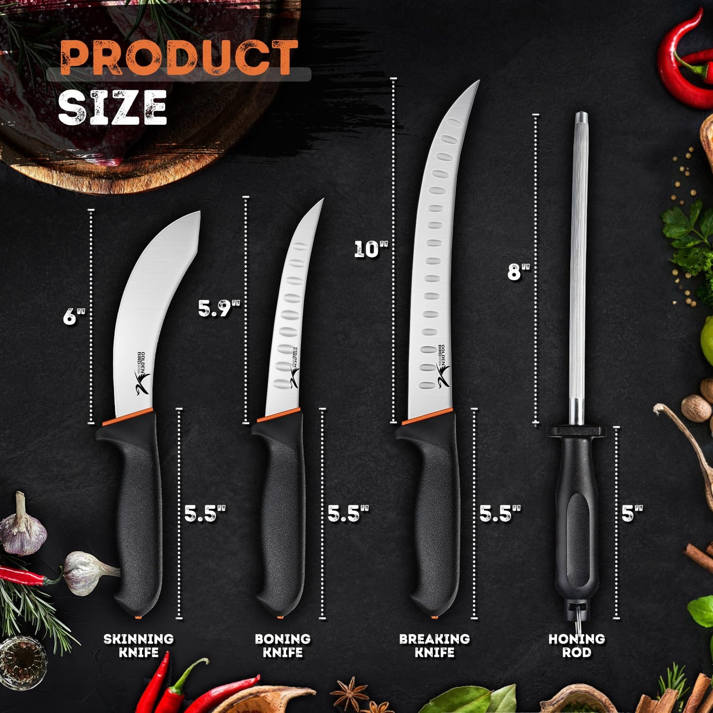 Golden Bird Butcher Knife Set - 4 Piece Professional BBQ Knife Set Include 6" Boning, 6" Skinning, 10" Butcher Breaking Knives & 8" Sharpener Rod