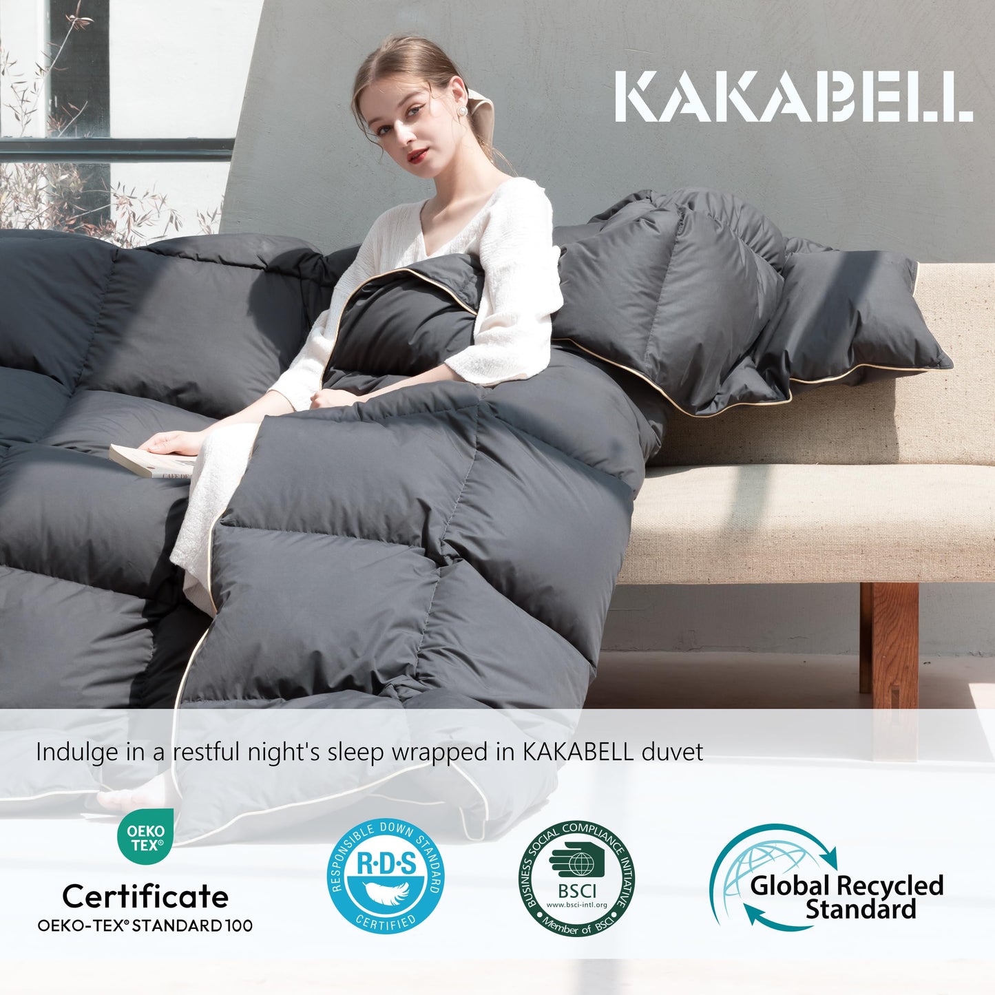 KAKABELL Goose Down Feathers Fiber Comforter Queen Size Noiseless Duvet Insert with Premium Egyptian Cotton Blend Cover Medium Warm Soft Down Feathers Comforter 90x90 Inches