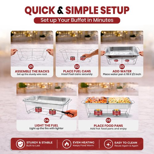 Disposable Chafing Dish Buffet Set, 33 Piece of Chafing Servers with Food Warmers, Covers, Half-Size Food Pans, Water Trays, Serving Utensils, Foil Lids and 4Hr Fuel Cans for Parties, Catering