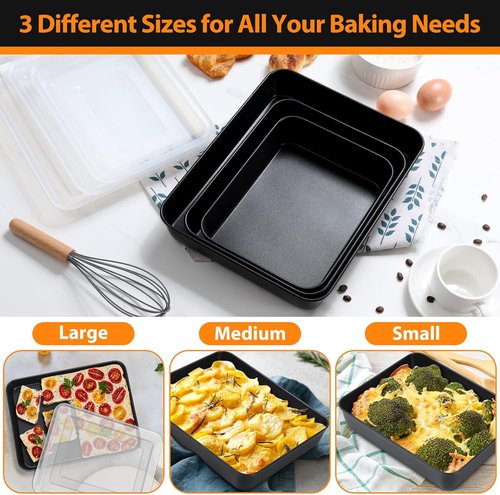 E-far Nonstick Baking Pans Set with Lids - 3 Rectangular Sheet Cake Pans (12.5/10.5/9.4 Inch)