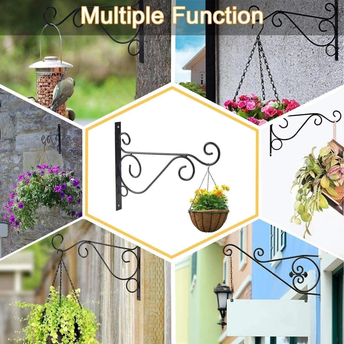 Metal Hanging Plant Brackets - 9.84-Inch Black Iron Wall Mount Hanger for Outdoor Plants & Lanterns