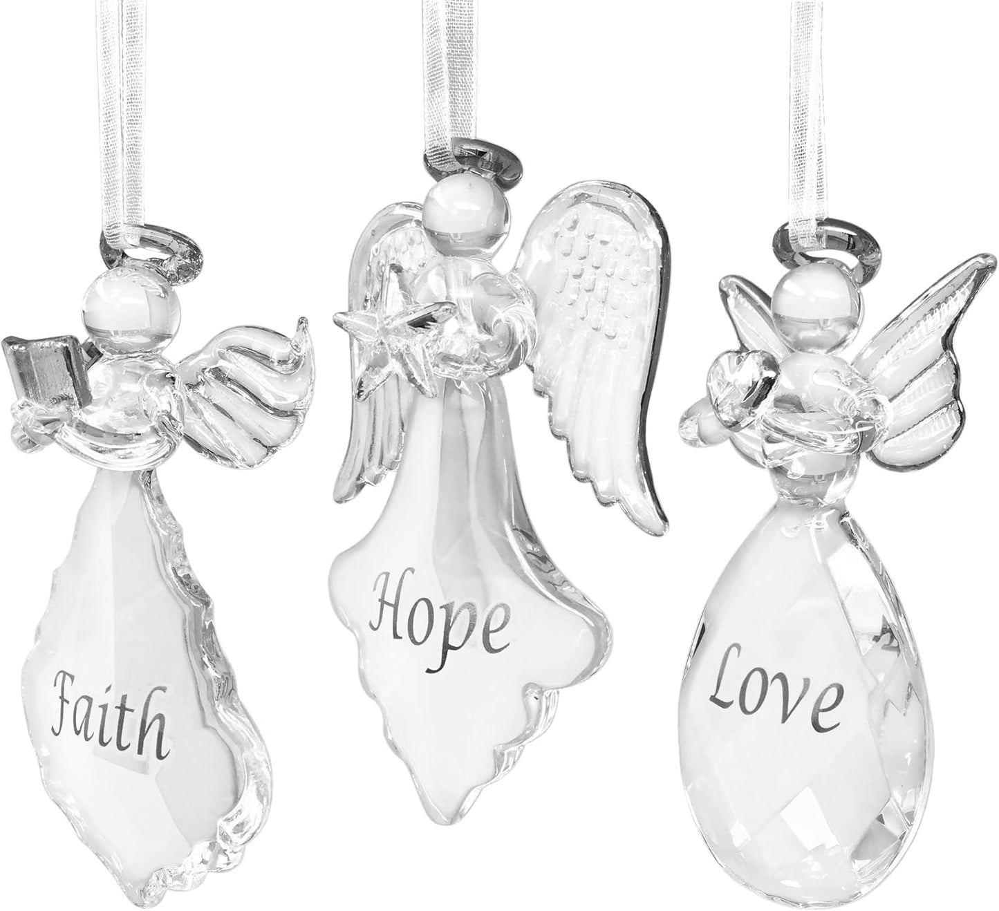 Set of 3 Crystal Faith Hope Love Angel Ornaments for Christmas Decor - 3.5" H x 2" W