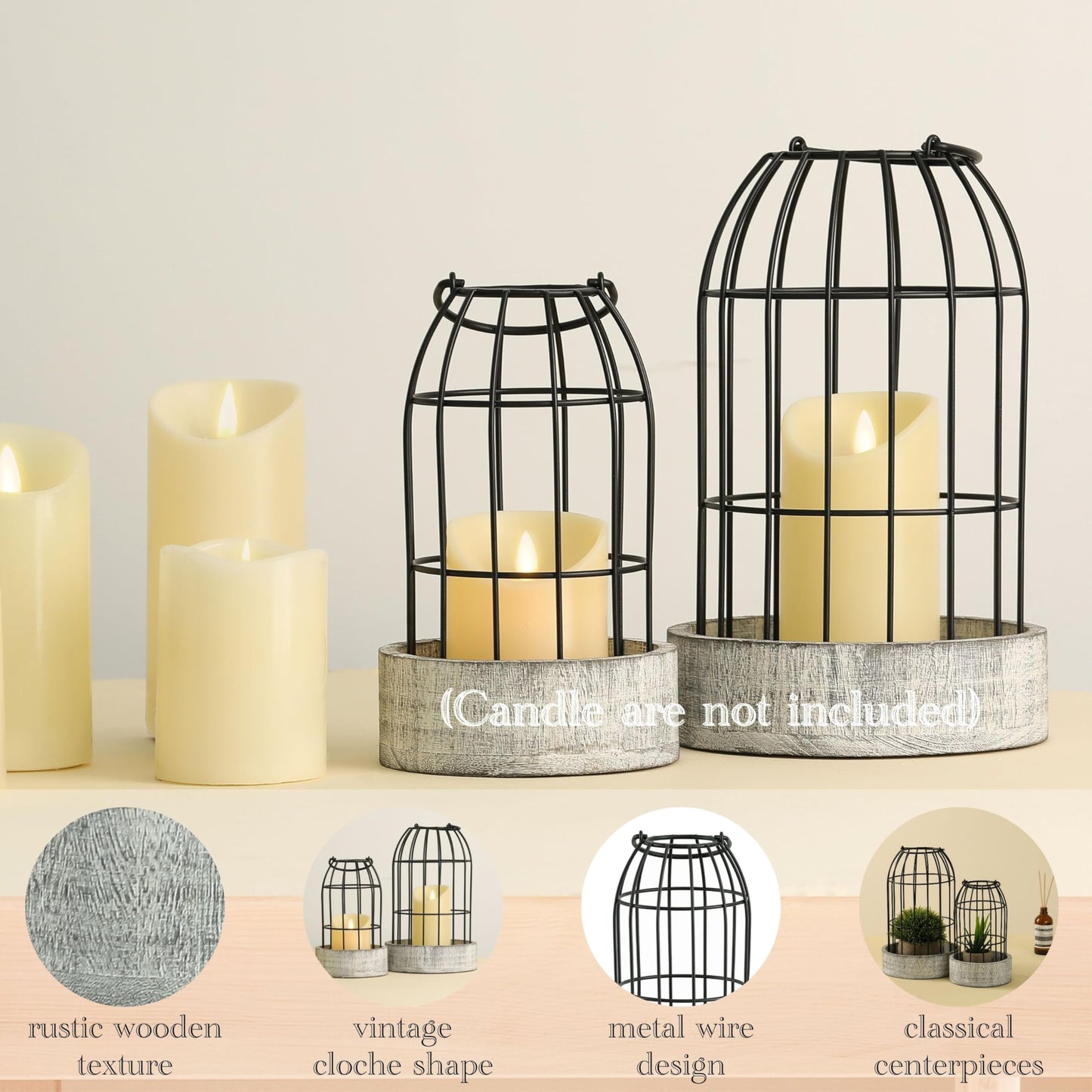 Perfnqiue Farmhouse Lantern Decor, Candle Lantern Decorative for Home Decor, Rustic Lantern Candle Holder Set of 2 for Living Room, Wooden Centerpieces for Kitchen Dining Table, Ideal Gift (White)