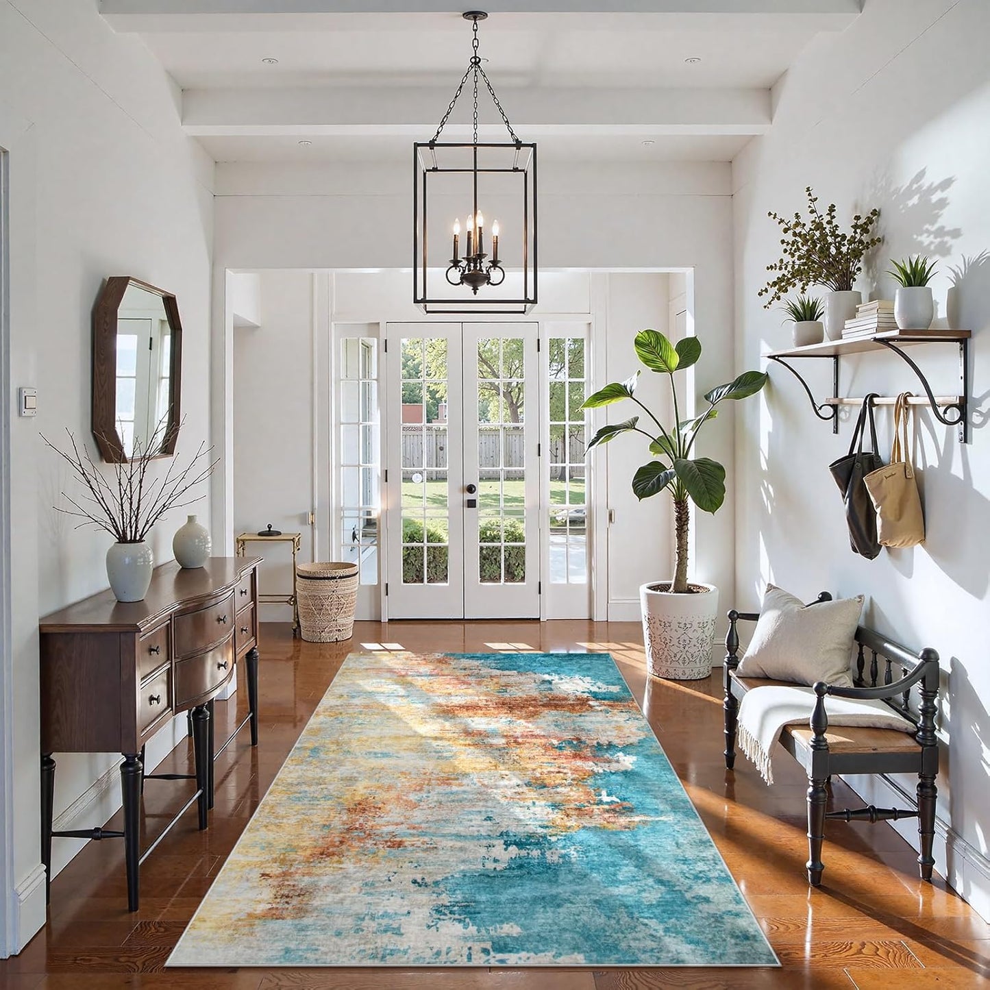 Beeiva Abstract Rug for Bedroom 4x6, Modern Soft Washable Area Rugs Stain Resistant, Ultra Thin Foldable Non Slip Low Pile Carpet for Living Room Dining Room Playroom Office - Yellow/Blue