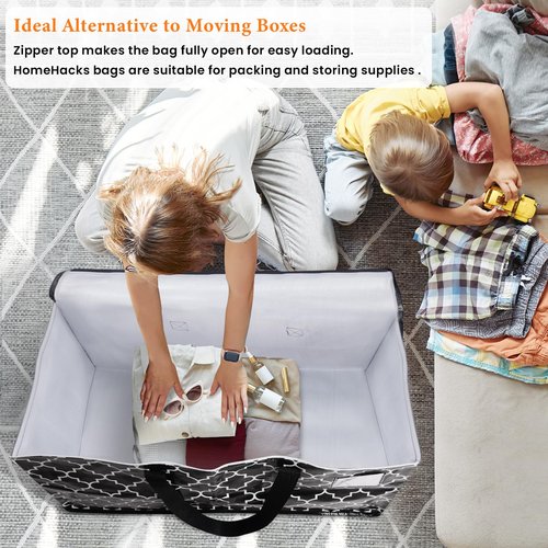 HomeHacks Heavy Duty Moving Bags with Tag Pockets, Collapsible Storage Totes for Moving, Camping & Travel -Foldable Packing Boxes, Zipper Handles, Black(6 Packs, 88L)
