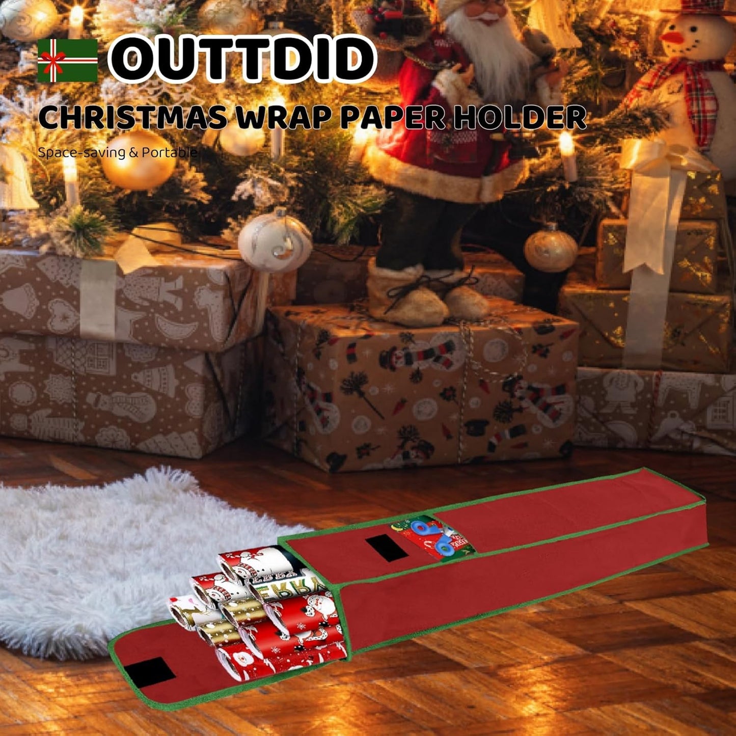 OUTTDID Wrapping Paper Storage Bag - Gift Organizer for 9 Rolls | Red with Pocket for Crafts