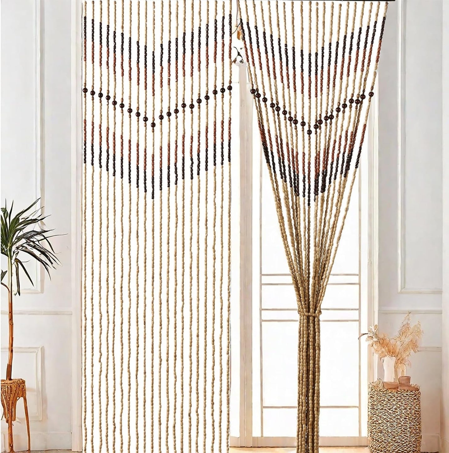 35.5" x 75" Bamboo and Wood Beaded Curtain for Doorway 52 Strands Handmade Bohemian Door Beads Curtain Boho Hanging Room Divider for Bedroom Living Home Deco, Beige