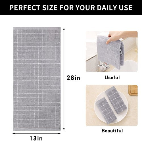 Homaxy 100% Cotton Terry Kitchen Towels(Light Grey, 13 x 28 Inches), Checkered Designed, Soft and Super Absorbent Dish Towels, 4 Pack