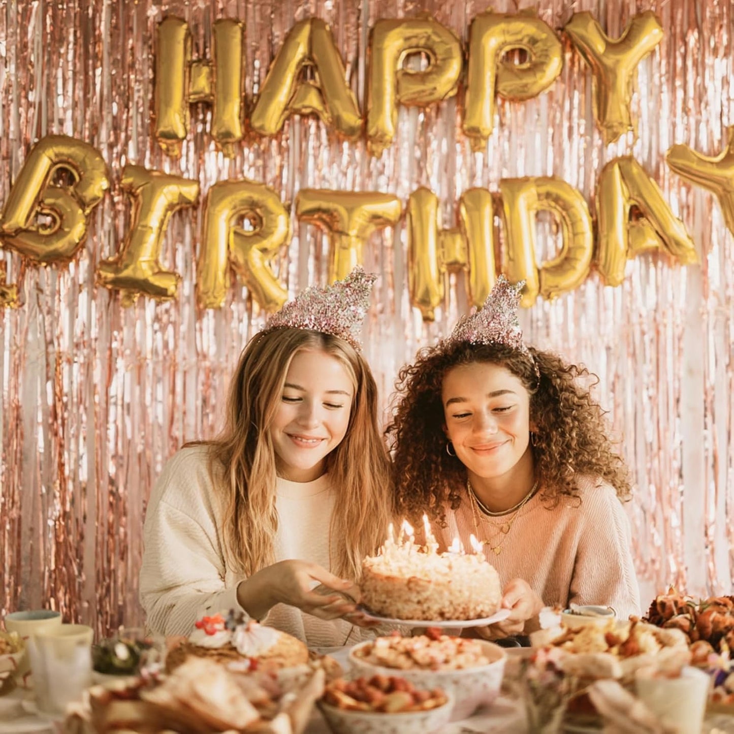 PartyWoo Rose Gold Curtains - 8.2ft Foil Fringe Backdrop for 21st Birthday & Bridal Showers